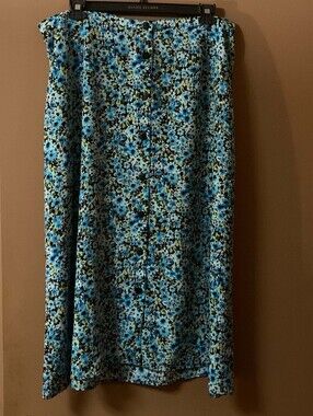 CJ Banks Blue Turquoise Floral Print Button-Front Skirt